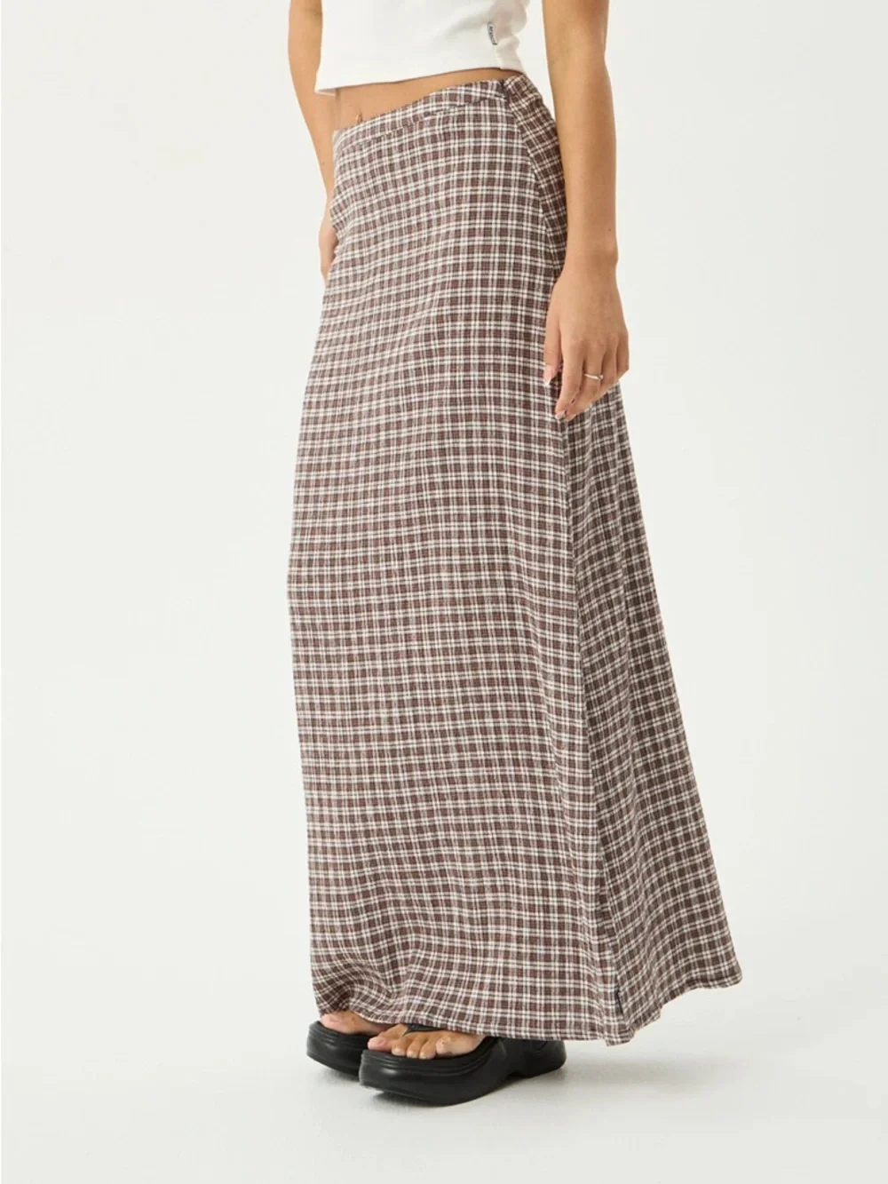 Afends Base Seersucker Maxi Skirt - Coffee Check NWT - Picture 7 of 9